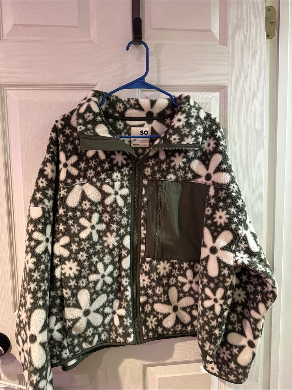 SO Olive & White Floral Fleece Zip-Up Jacket